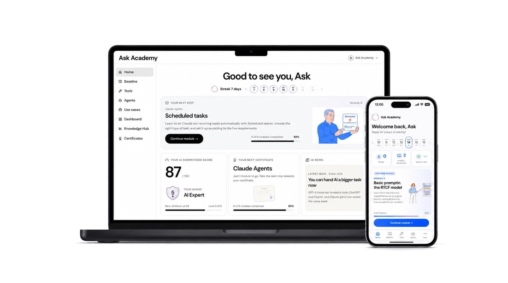MacBook og iPhone, der viser Ask Academys forside med dit næste modul, din kompetencescore og AI-nyheder.