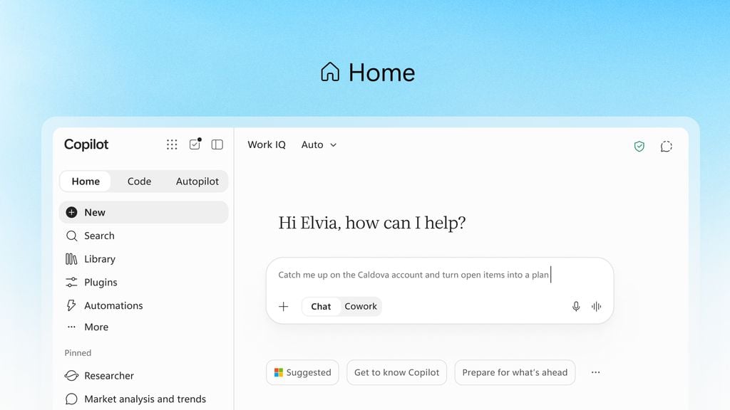 Copilots nye startside med fanerne Home, Code og Autopilot