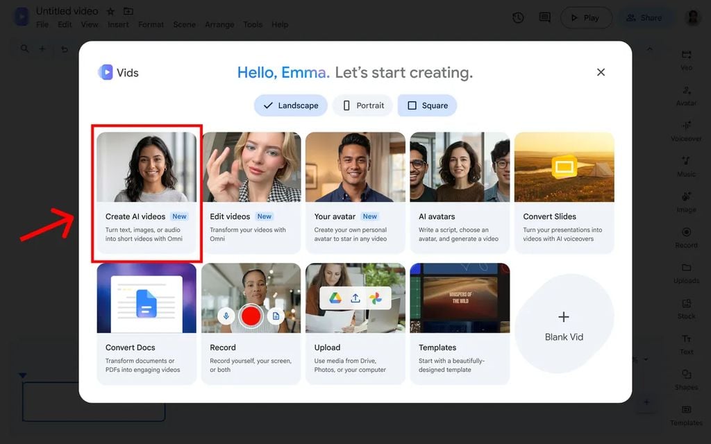 Startskærmen i Google Vids med Create AI videos markeret