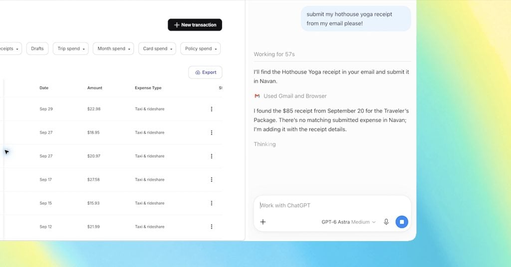 ChatGPTs sidepanel i Chrome, der finder en kvittering i mailen og lægger den ind i et udgiftssystem