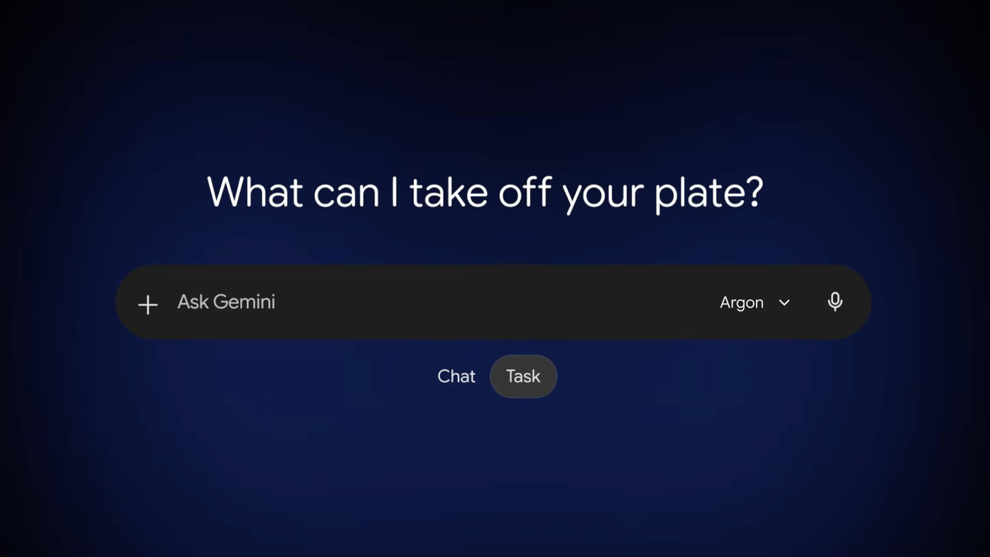 Promptfeltet i Gemini-appen med Argon valgt i modelvælgeren og skiftet mellem Chat og Task