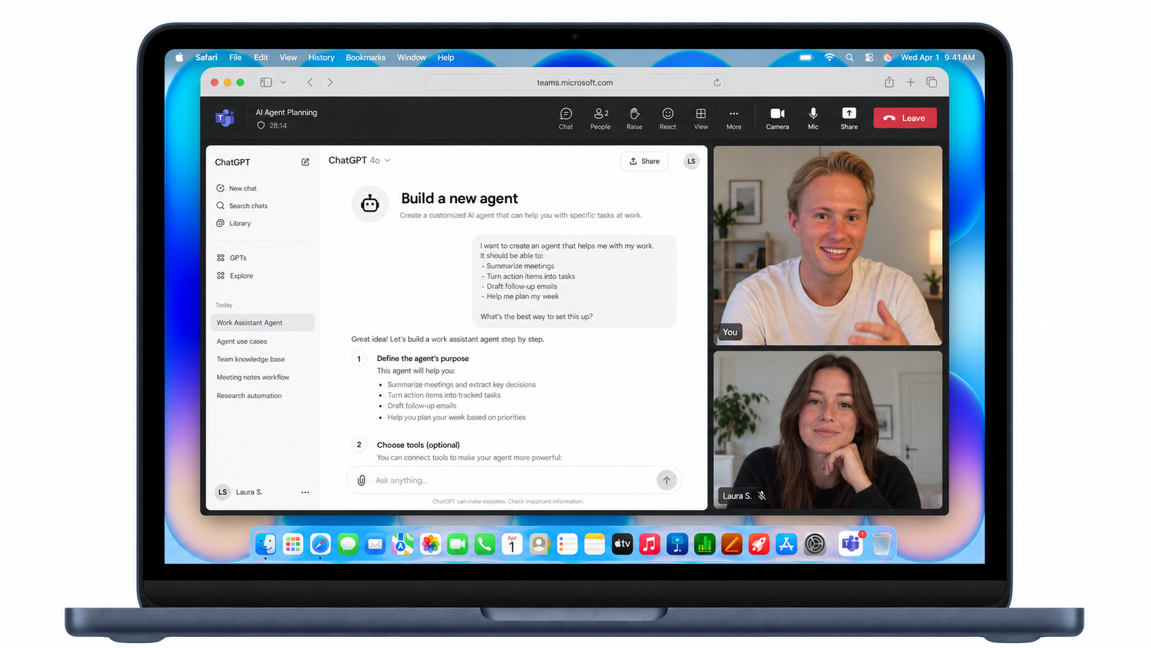 Illustration af en onlineworkshop på en MacBook med skærmdeling af ChatGPT og to deltagere i Microsoft Teams.